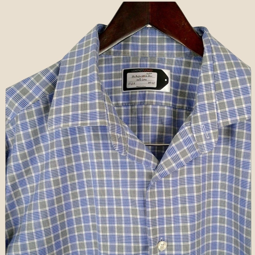 Lorenzo Uomo Dress Shirt Mens 17.5 34-35 Plaid Blue Grey Professional Cotton